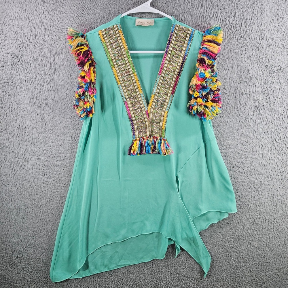 Casting France Womens Mint Green Boho Fringe Tassel V-Neck Tunic Top Size S